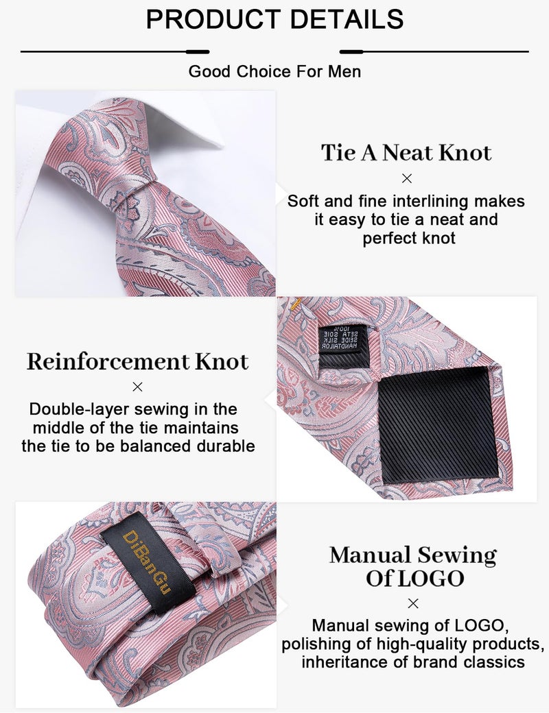 DiBanGu Paisley Ties for Men Silk Necktie and Pocket Square Cufflinks Tie Clip Set Woven Classic Mens Tie for Wedding Party, Dusty Pink - Image 5